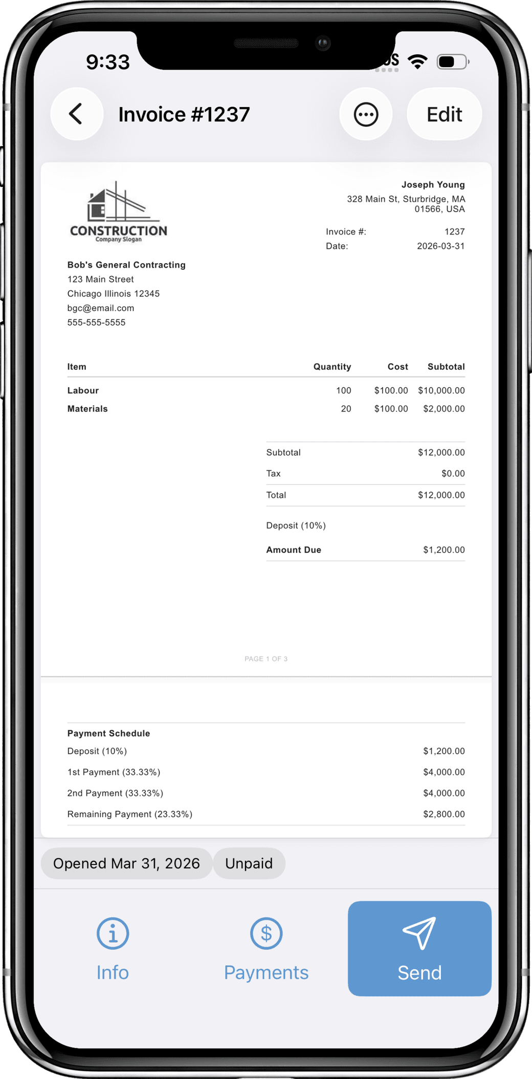 Probuild invoice showing a deposit and scheduled payments with the amount due next